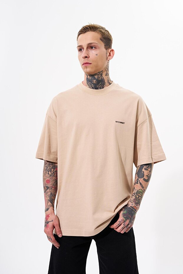 Erkek Basic Pamuklu Oversize Bej Tişört - 1