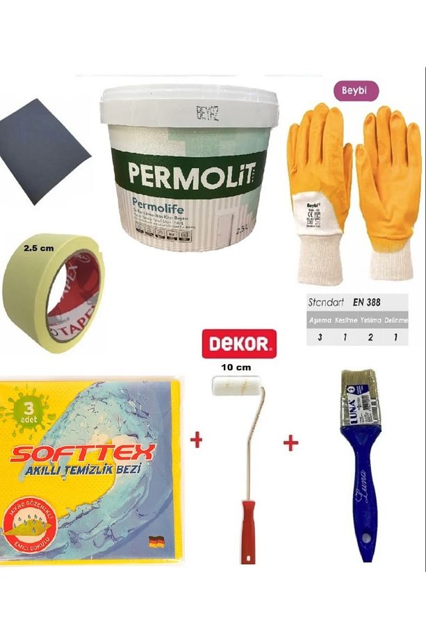 Permolife Su Bazlı Amerikan Panel Kapı Boyası Beyaz 0,75 Lt Rulo, Fırça, Zımpara, Eldiven, Band Vs - 1