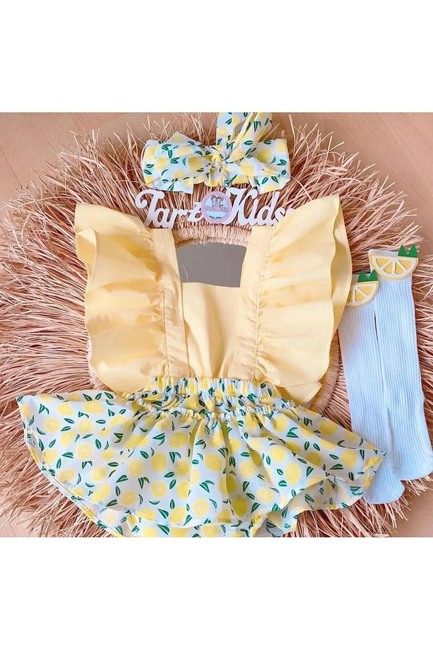 Kız çocuk limon desenli şortlu salopet elbise çorap bandana takımı - 2