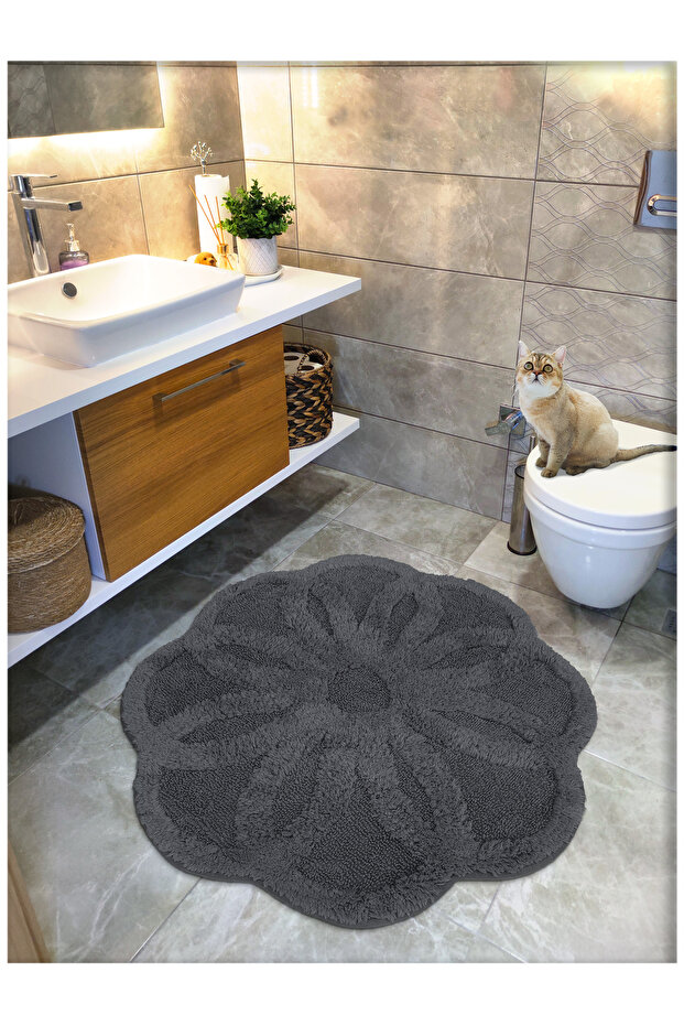 Cotton Tufting Water Absorbent Bath Mat, Bathroom Carpet Lotus 100 X 100 cm Anthracite