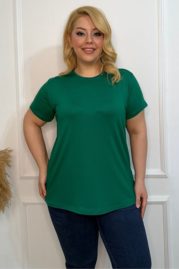 Plus Size New Season Comfort Model Crew Neck Short Sleeve Combed Cotton Tunic T-Shirt