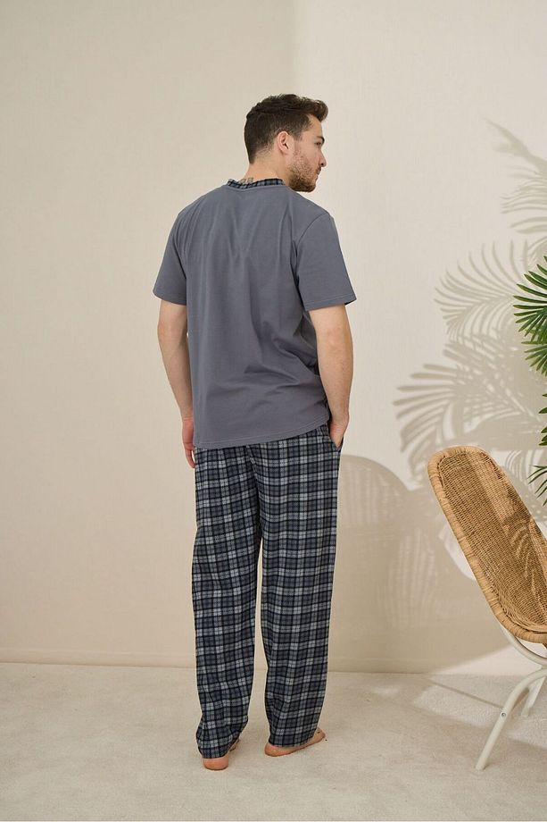 Erkek Antrasit %100 Pamuk Kısa Kollu Ekose Pijama Takımı - 2