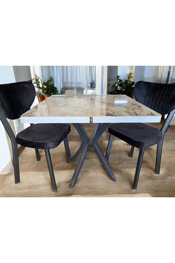 80*80 KARE YEMEK MASASI 2 KİŞİLİK MUTFAK MASA TAKIMI ELMA SANDALYE METAL AYAK - 1