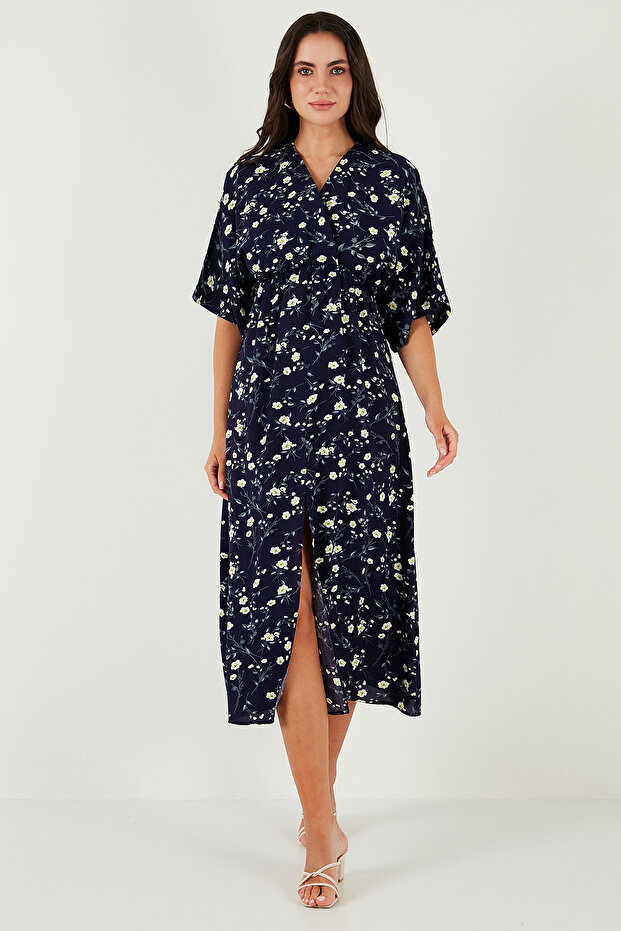 Regular Fit V Yaka Desenli Midi Boy Elbise ELBİSE 67810573 - 1