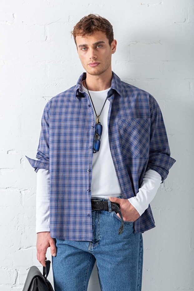 Erkek Oversize Ekose Baskılı Gömlek Mavi - 1