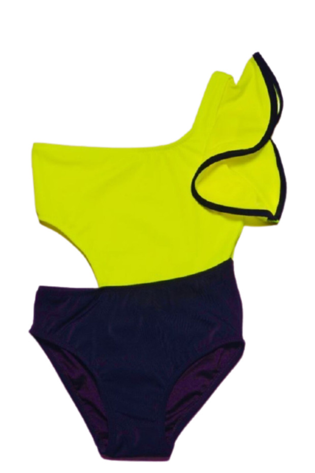 Neon Yellow Sleeved Girls' Swimsuit with Volan Detail Db200566Cm