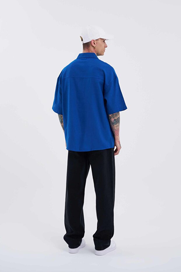 Erkek Basic Nakışlı Oversize Lacivert Gömlek - 6