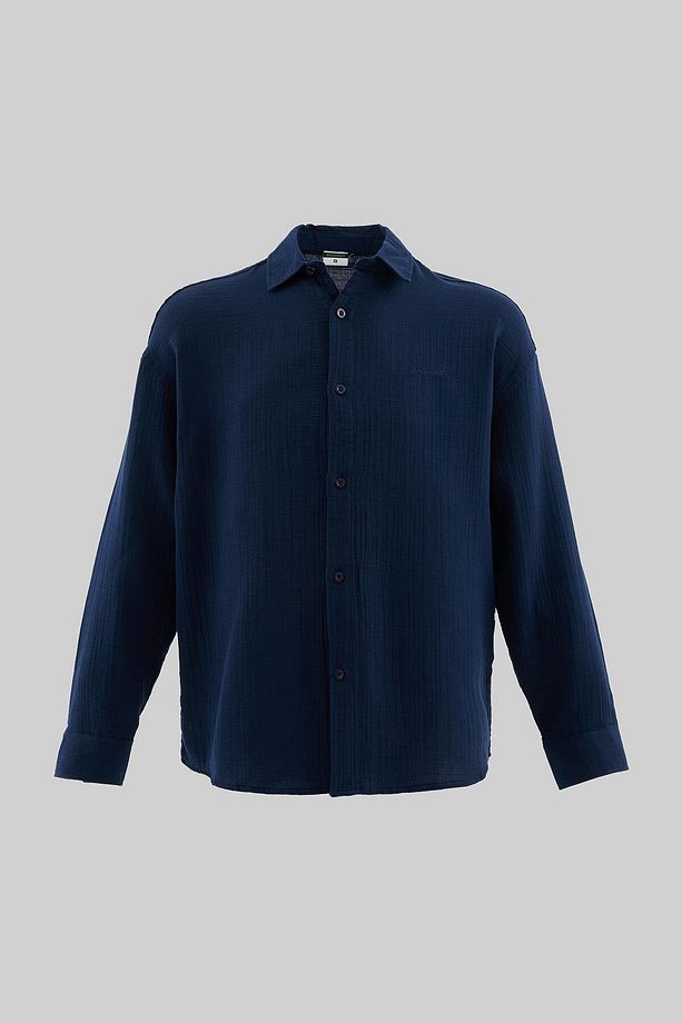 Erkek Basic Uzun Kollu Cotton Lacivert Mavi Gömlek - 1