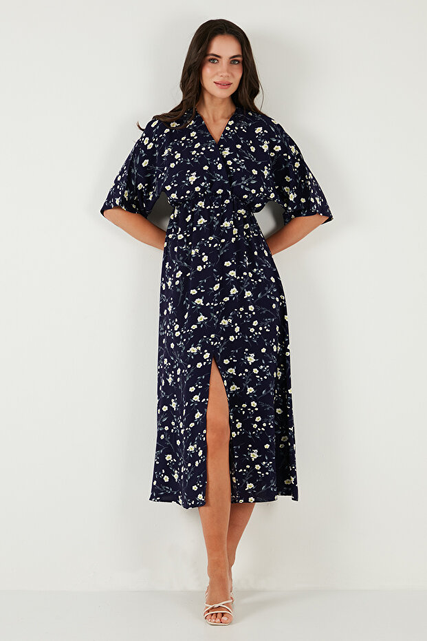 Regular Fit V Yaka Desenli Midi Boy Elbise ELBİSE 67810573 - 5