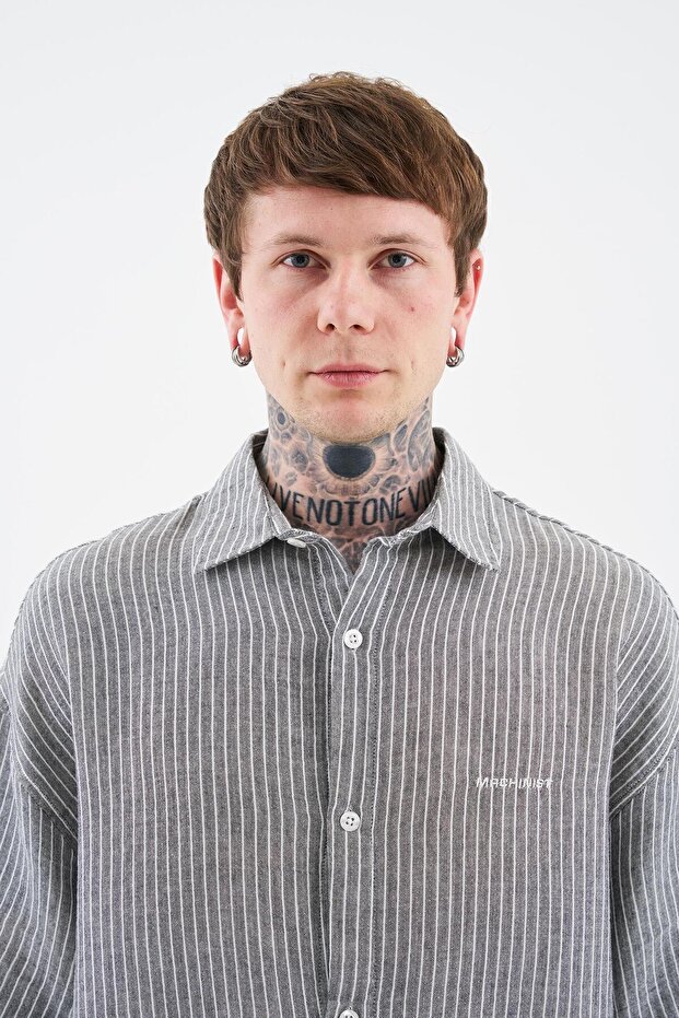 Erkek Basic Striped Cotton Siyah Gömlek - 5