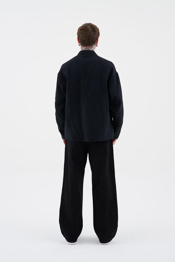 Erkek Basic Uzun Kollu Cotton Siyah Gömlek - 5