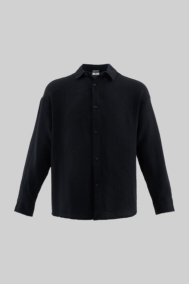 Erkek Basic Uzun Kollu Cotton Siyah Gömlek - 1