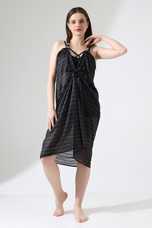 Bead Detailed Long Striped Beach Dress Pareo