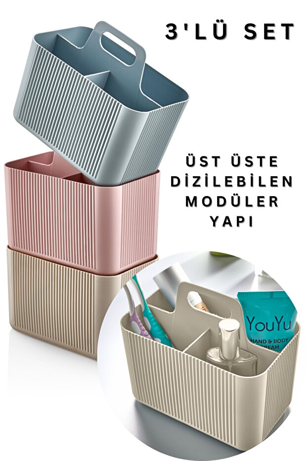 Papatya 3-Piece Multi-Purpose Bathroom Organizer - Water Green-Pink-Cream, Bathroom Organizer