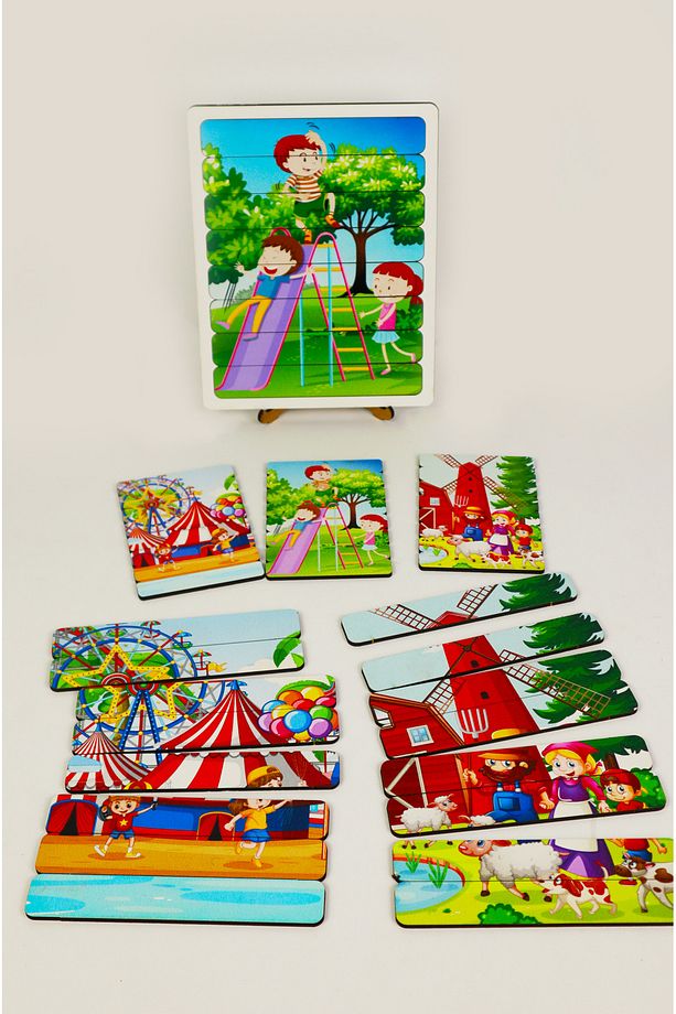 Ahşap Çubuk Puzzle, 3lü Set Puzzle, Lunapark Puzzle, Montesorri Puzzle ÇB301 - 1
