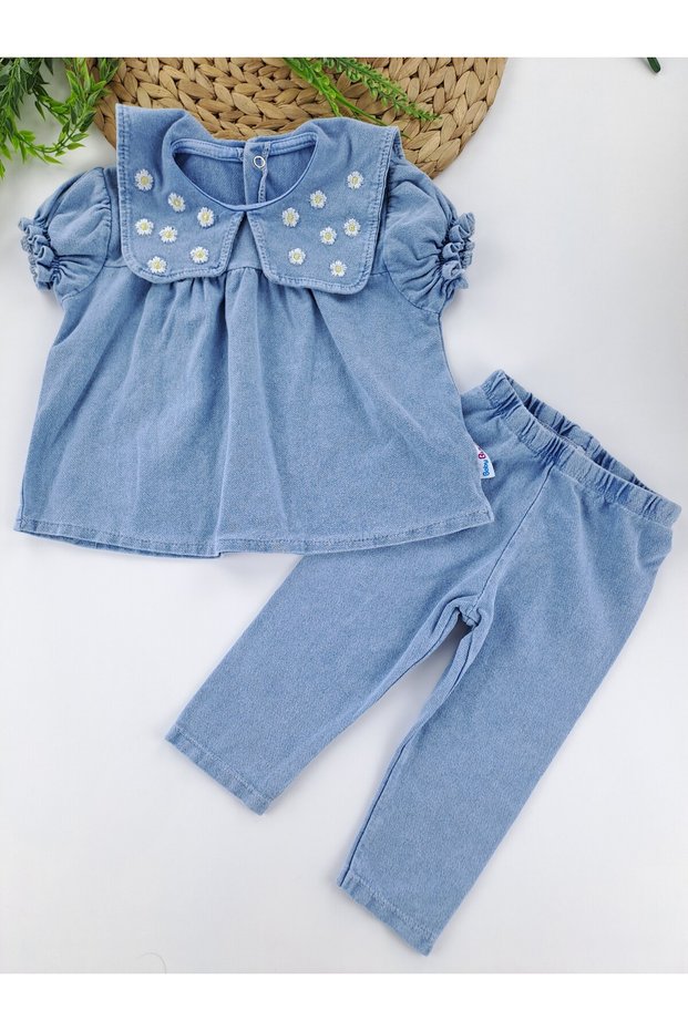 Baby Girl / Child Sweat Pants Double Set Denim Look Flower Embroidery Embroidered Premium Quality