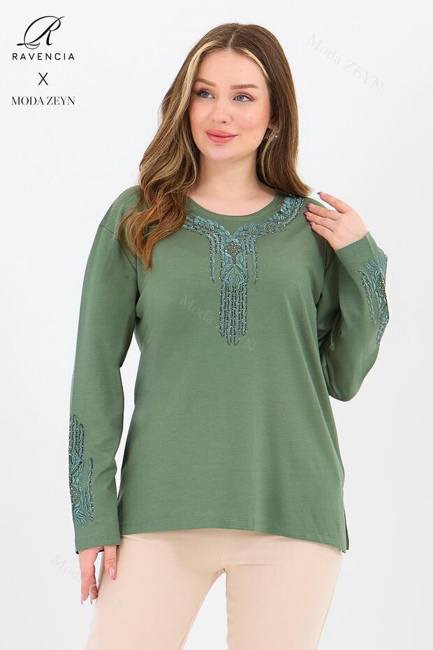 Women's Middle Age and Above Viscose Madolyon Pattern Stone Embroidered Lycra Green Mother Combed Cotton Blouse