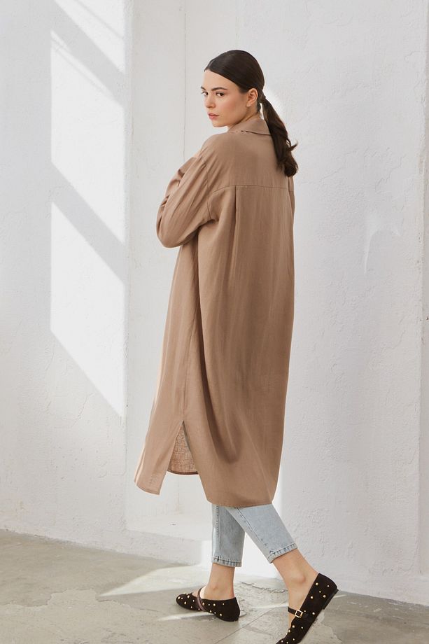Tek Cepli Keten Uzun Gömlek Camel - 5