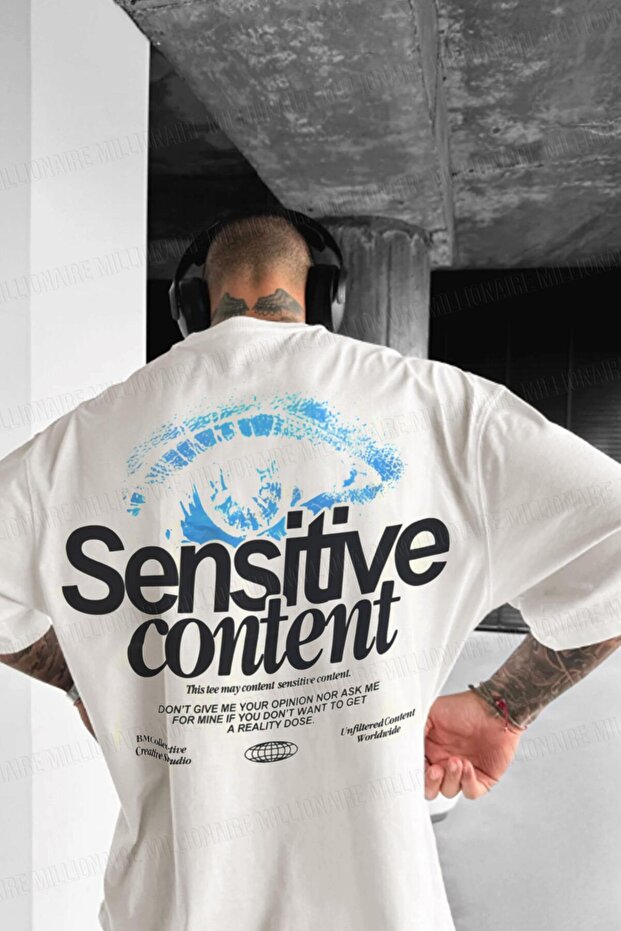 Men's Ecru White Eye Printed Sensitive Oversize Fit Loose Wide Fit Loose Cut T-Shirt