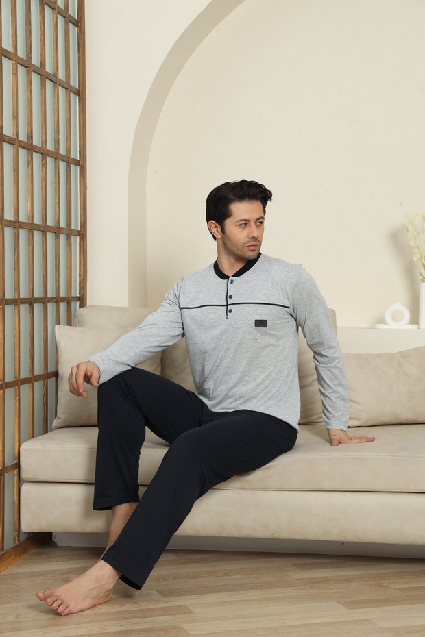 Seasonal Long Sleeve Gray Melange Color Buttoned Men's Pajama Set