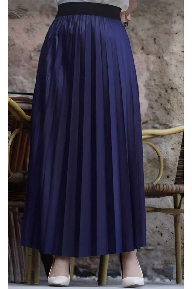 Women's Wide Waist Elastic Dyed Textured Crepe Fabric Pleated Skirt