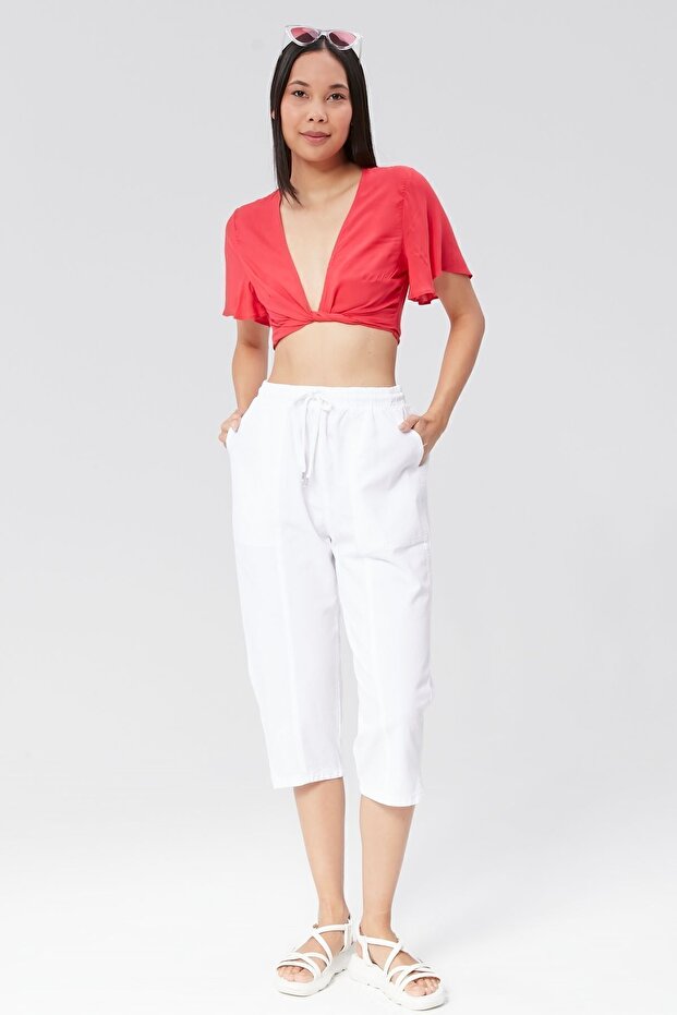 Women's White Comfortable Cut Cotton Capri - Linen, Elastic Waist, Slit Monaha