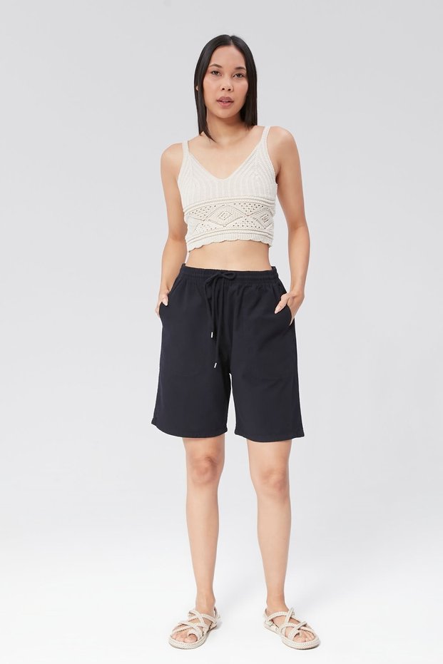 Women's Navy Blue Relaxed Cut Cotton Shorts - Linen, Elastic Waist, High Waist Monaha