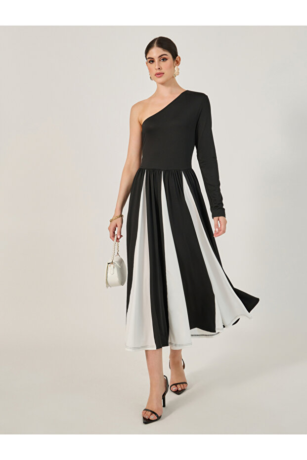 Color Block One Shoulder A-Line Midi Dress