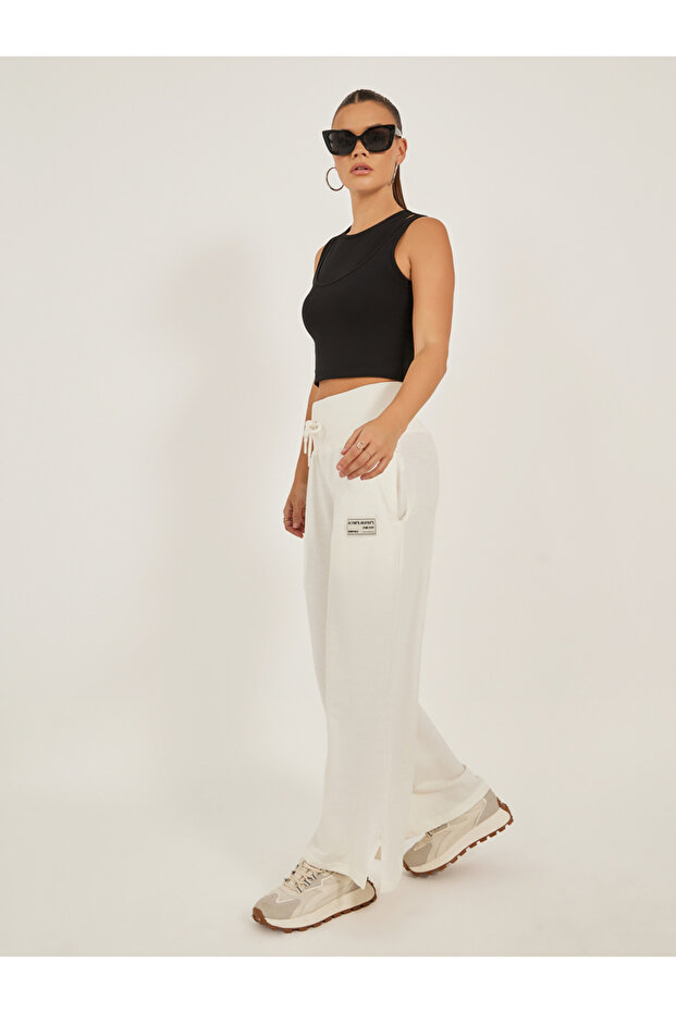 Badge Detail Wide Leg Joggers with Side Slit