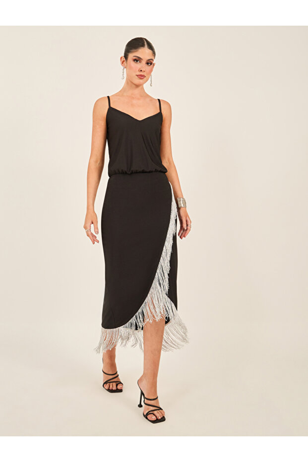 Fringe Detail Sleeveless Bodycon Midi Dress