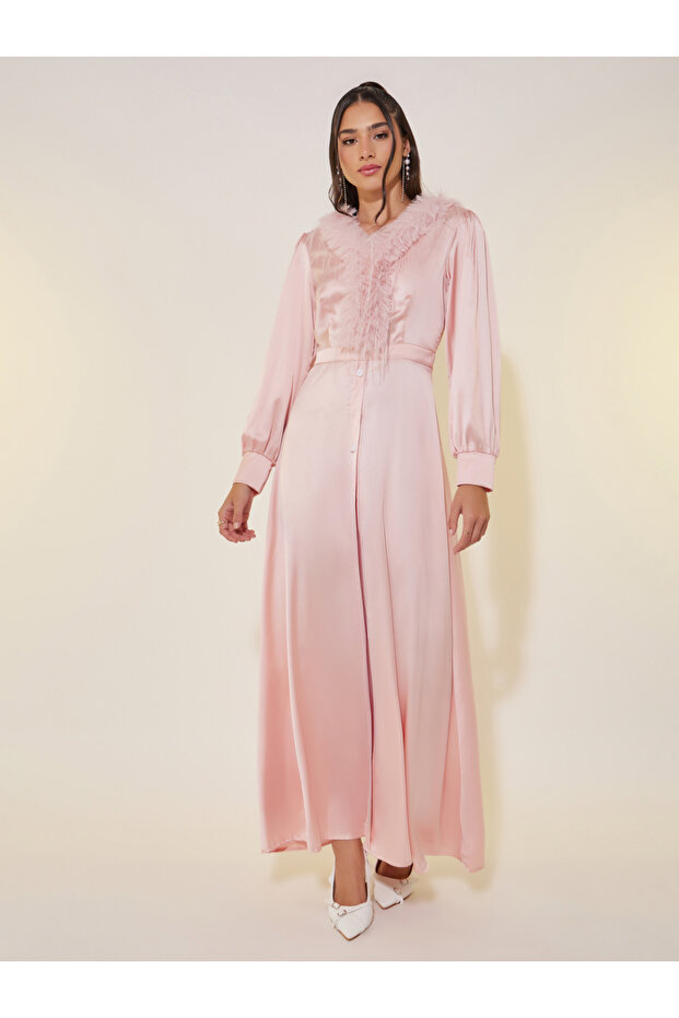 Solid Satin V-Neck Feather Trim Maxi Dress