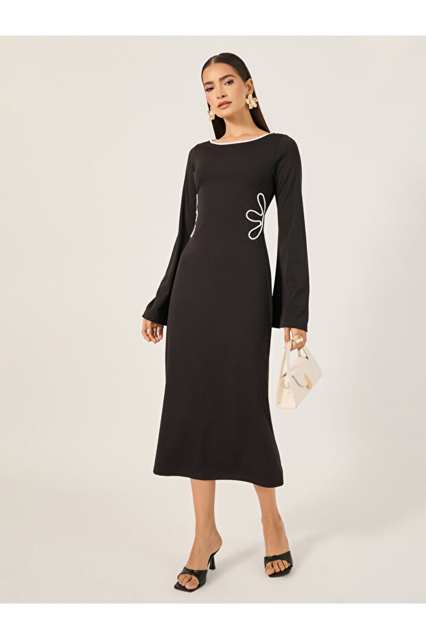 Contrast Trim Bell Sleeves Sheath Midi Dress