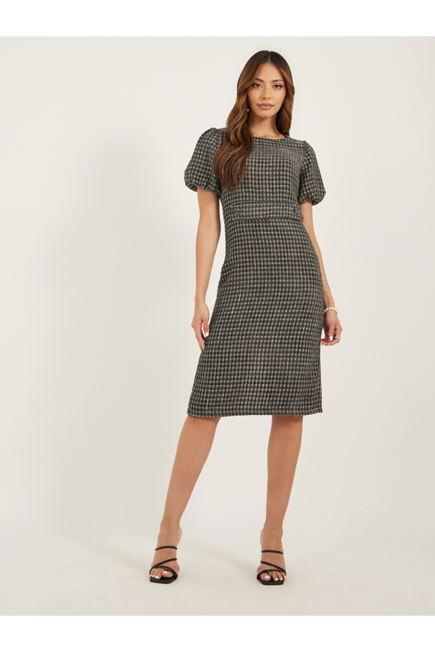 Tweed Puff Sleeves Sheath Knee-Length Dress