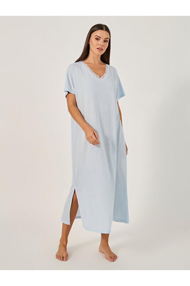 Lace Trim V-Neck Side Slit Nightdress