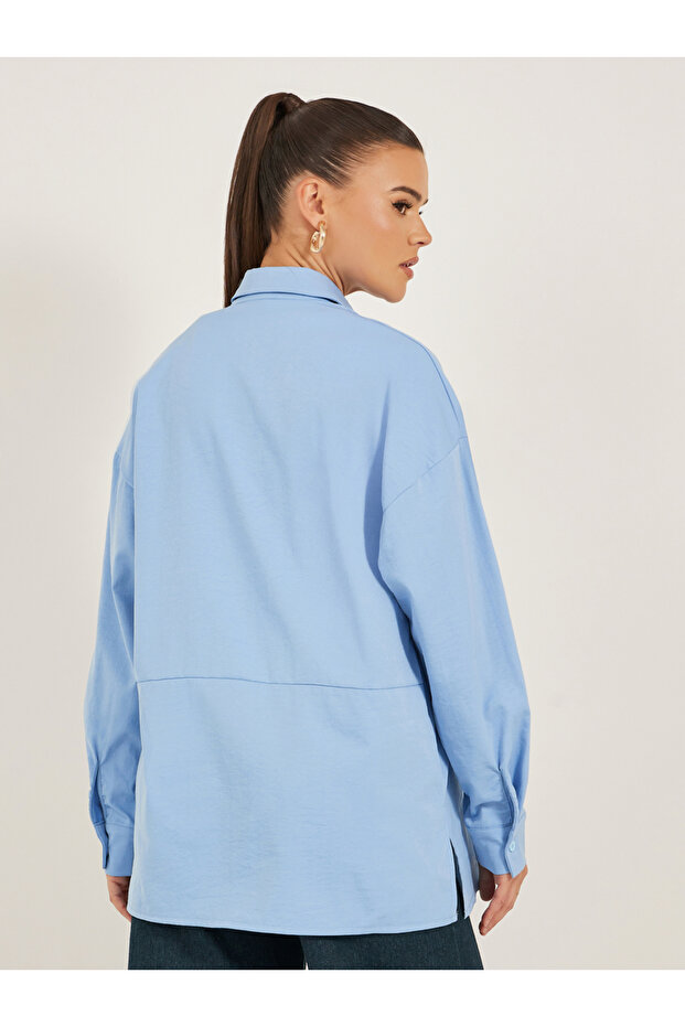 قميص طويل سادة كبير الحجم بياقة واسعة - 5