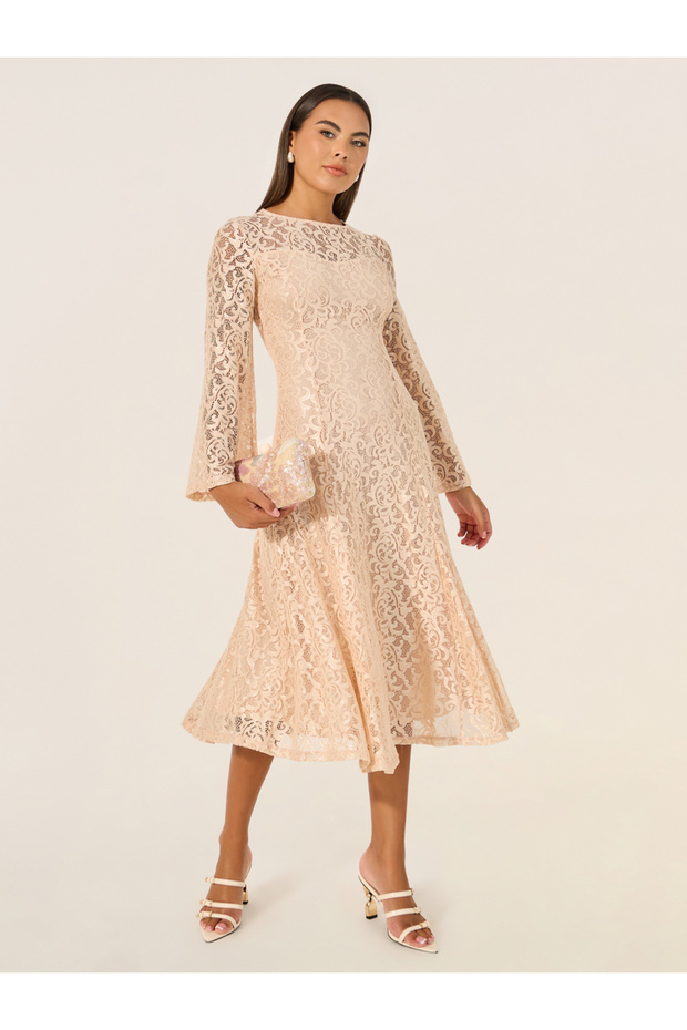 Solid Lace Bell Sleeves A-Line Midi Dress