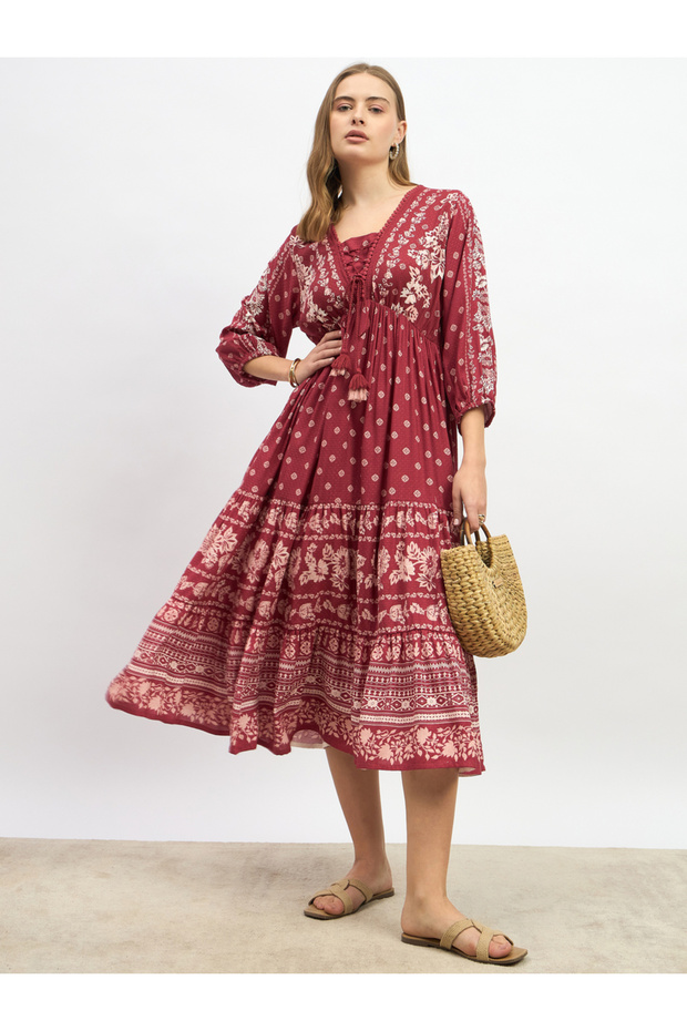 Bohemian Print A-Line Midi Dress with Tie-Up Detail