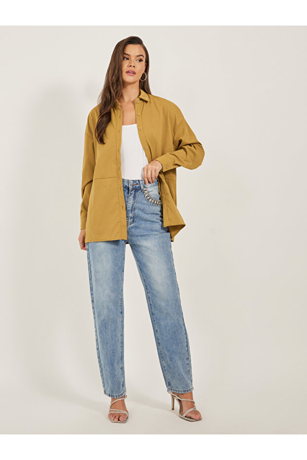 Solid Oversized Spread Collar Longline Shirt - 2