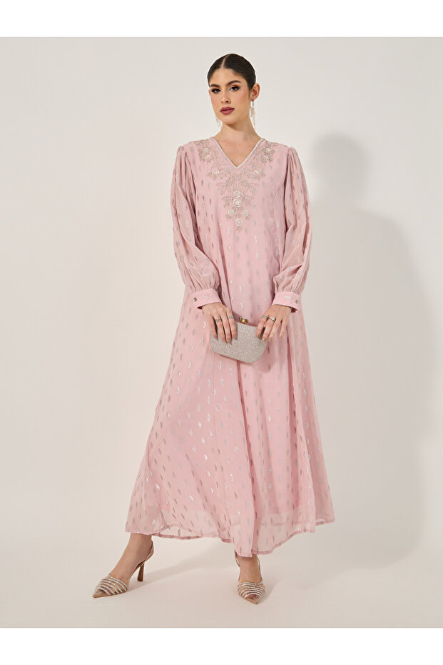 Dobby Balloon Sleeve V-Neck A-Line Maxi Dress