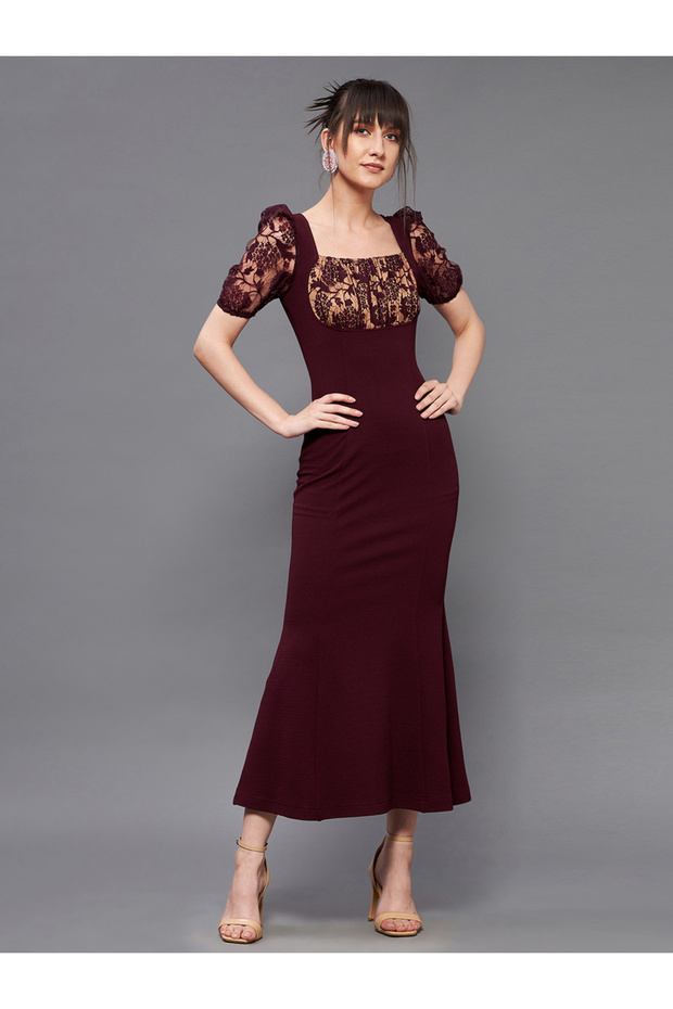 Lace Square Neck Puff Sleeve Bodycon Midi Dress