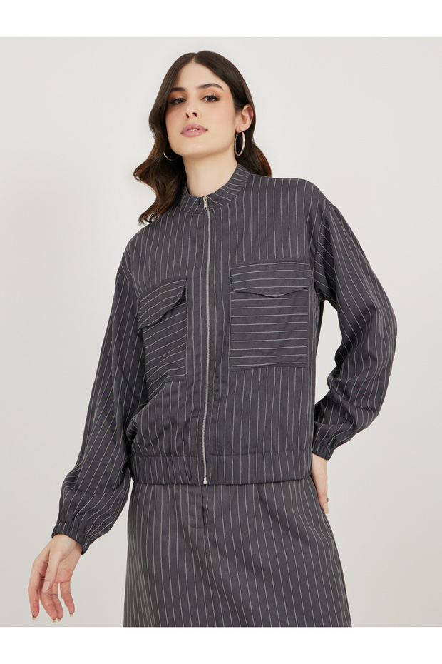 Regular Fit Regular Length Striped Bomber Jacket - 1