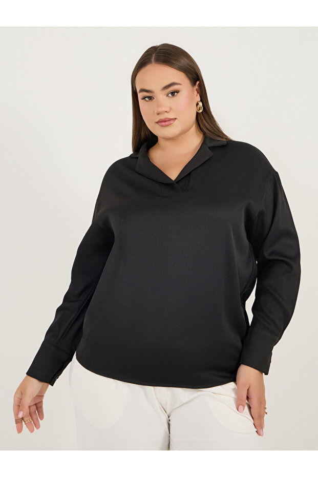 Plus Size Notch Collar Long Sleeve Blouse