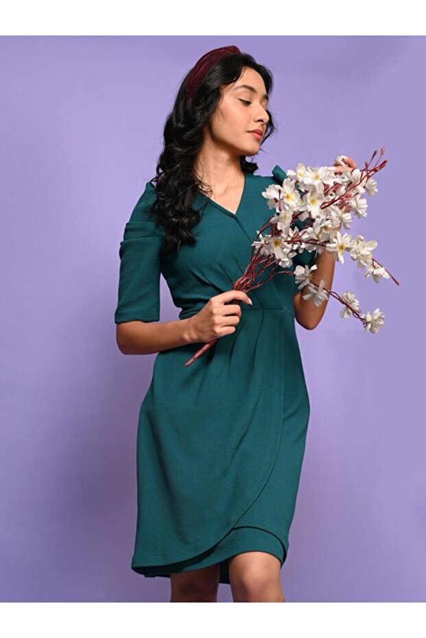 Solid Puff Sleeves Mock Wrap Dress