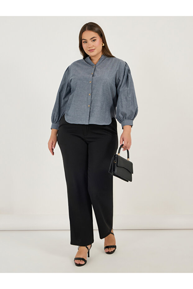 قميص شامبراي من القطن الصلب بمقاس كبير وياقة قائمة - 2