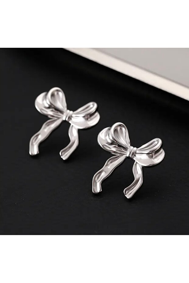 Silver Color Stylish Bow Earrings - Stainless Steel, Elegant and Modern Design