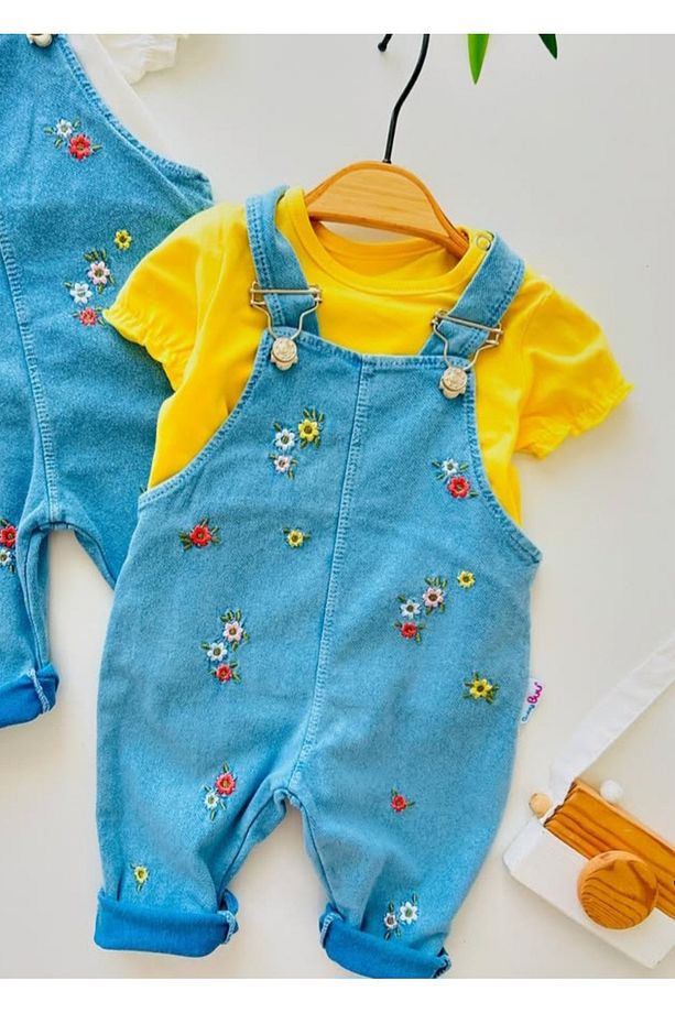 Çiçek Desenli Kız Bebek 2li Kot Salopet - 2