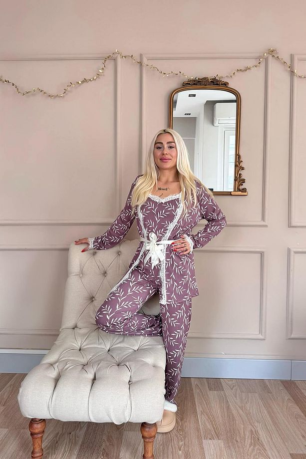 Mor Zeytin Dalı Desenli Sabahlıklı Pegasus Pijama Takımı - 8