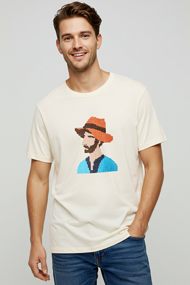 Ekru Oversize/Geniş Kesim Nakışlı Kalın %100 Pamuk T-Shirt TMNSS25TS00011 - 6