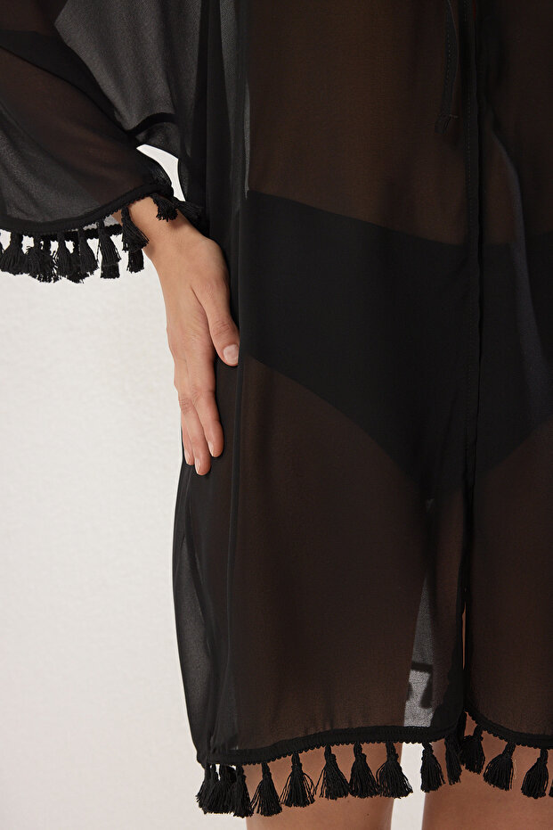Siyah Dokuma Püskül Plaj Mini Kimono&Kaftan TBESS25KM00019 - 3