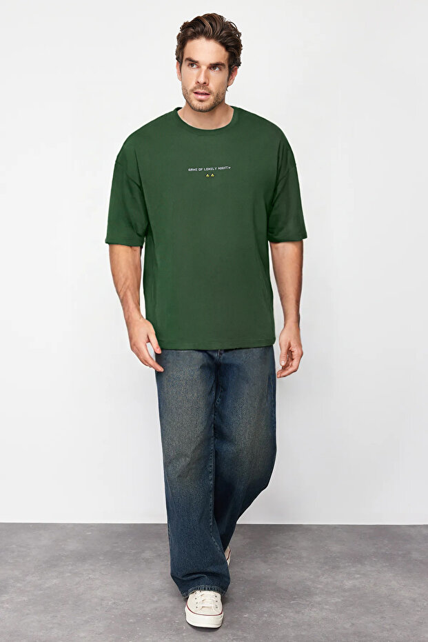 Yeşil Oversize/Geniş Kesim Bisiklet Yaka Kısa Kol Game Over Baskılı T-Shirt TMNSS23TS00247 - 2